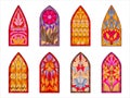 Mosaic church windows. Stained glass decorative windows, cathedral stained glasses. Geometric and floral design windows flat