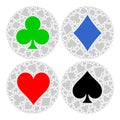 Mosaic circle of poker playing card suit with main symbol in the middle - red heart, blue diamond, black spade and green Royalty Free Stock Photo