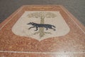Mosaic with the coat of arms of the city of Lecce in Sant\'Oronzo square.