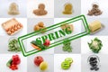 Squares with different products, food ingredients with spring sign