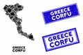 Mosaic Corfu Island Map and Grunge Rectangle Watermarks