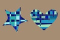 Mosaic decorative set of images, heart, star shapes in blue colors of sea. Isolared elements for creative web cards