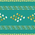 Mosaic diamond and stripes in hues of gold and white. Horizontal geometric design. Seamless vector pattern on teal Royalty Free Stock Photo