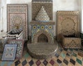 Mosaic fountains with geometric Arabic design on display at Art Naji in Fez, Morocco.