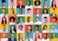 Mosaic With Happy Different Multicultural People Portraits Over Colorful Backdrops, Creative Collage Royalty Free Stock Photo