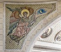 Mosaic icon of a beautiful angel with sky, moon and stars