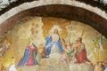 Mosaic of Jesus Christ enthroned in paradise bearing the cross and attended by angels at Saint Mark`s Basilica in Venice, Italy.