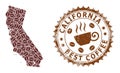 Mosaic Map of California State from Coffee Beans and Grunge Seal for Best Coffee Royalty Free Stock Photo