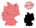Grunge Textured Low Risk Badge and People with Virus Collage Map of Germany