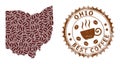 Mosaic Map of Ohio State of Coffee Beans and Scratched Stamp for Best Coffee