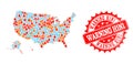 Mosaic Map of USA Territories of Flame and Snowflakes and Warning H1N1 Grunge Stamp