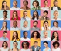 Mosaic of multiracial people showing different feelings and emotions on colorful studio backgrounds, creative collage Royalty Free Stock Photo