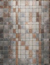A mosaic pattern of square tiles in various shades of gray, brown, and white, arranged in a grid, creating a visually appealing