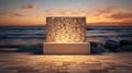 A mosaic podium on a pristine beach, where the sun-kissed sand complements its understated elegance