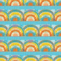Mosaic rainbow vector seamless pattern background. Backdrop with overlapping tile effect rainbows in painterly batik
