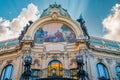 Mosaic scene on half dome feature above entrance to municipal House with inscription in gold translated as; Hail to you Prague!