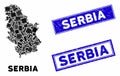 Mosaic Serbia Map and Grunge Rectangle Stamps