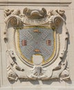 Mosaic shield of renowned port city New York at the facade of United States Lines-Panama Pacific Lines Building