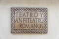 Mosaic sign on the museum entrance to the old Roman theater and arena in Merida Royalty Free Stock Photo