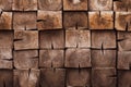 Mosaic of square bars, wooden planks. Brown slat, planch, bred wall. Vintage rustic close-up wood texture. Modern geometric patter Royalty Free Stock Photo