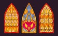 Mosaic stained glass. Decorative church windows, cathedral stained glasses. Geometry and floral design windows flat vector