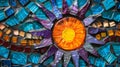A mosaic sun catcher made from a mixture of ceramic tiles and stained glass with rays of blue purple and orange.