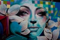 Mosaic teal graffiti female face