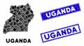 Mosaic Uganda Map and Grunge Rectangle Seals