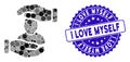 Mosaic User Care Hands Icon with Scratched I Love Myself Stamp