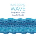 Mosaic wave seamless vector border in colors of blue. Hand drawn graphic ornament for print and interior design