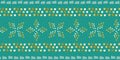 Mosaic windmill shapes and stripes border design in hues of gold and white. Seamless vector pattern on teal background