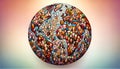 Mosaic World Globe of Diverse Human Faces from different ethnic backgrounds genders and ages. Each face is showcasing a rich