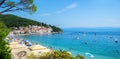 MOSCENICKA DRAGA, CROATIA, August 7th, 2019 - beautiful bathing bay and beach with lots of vacationer