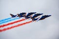 Moscow aerospace show MAKS-2009. AUGUST 2009 French aerobatic team Patrouille de France demonstrate the group flight Royalty Free Stock Photo