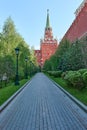 Moscow, Alexander Garden, view at tower and red wall of Moscow Kremlin Royalty Free Stock Photo