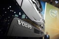 MOSCOW, APR, 18, 2018: Close up diagonal view on grey Volvo tipper truck logo on hood radiator. Swedish car logotype. Special comm