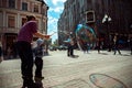 Moscow. Arbat street. Child and bubble blower