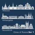Moscow, Arkhangelsk, Novosibirsk City skyline set. Russia. Vector silhouette on dark. Royalty Free Stock Photo