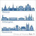 Moscow, Arkhangelsk, Novosibirsk City skyline set. Russia. Vector silhouette on white.