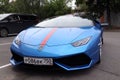 Moscow. Autumn 2018. Bright blue Lamborghini Huracan parked on the street. With red stripe on a car hood. Headlights and front Royalty Free Stock Photo