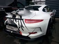 Moscow. Autumn 2018. Porsche 911 GT3 3.8 Engine. Wrapped in black and white. Tuned for circuit