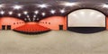 Moscow-2018: 3D spherical panorama with 360 degree viewing angle of cinema hall interior with red color seats and screen. Ready fo Royalty Free Stock Photo