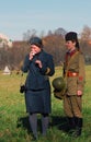 Moscow battle historical reenactment. Women soldiers-reenactors Royalty Free Stock Photo