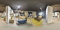 Moscow - 2018: Beautiful fashionable interior of furniture design store in modern mall with loft interior. Concrete floor with dar