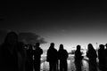 Moscow. Bridge over the Moskva River. Silhouettes of people. Evening walks and excursions. Black and white image.