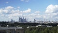 Moscow business centre shot from distance, handheld shot under cloudy sky