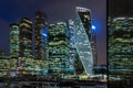 Moscow-City is a business center in Moscow centre at night in snowfall. Night illumination of skyscrapers Royalty Free Stock Photo