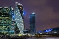 Moscow-City is a business center in Moscow centre at night in snowfall. Night illumination of skyscrapers. Royalty Free Stock Photo