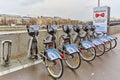 Moscow - 10.04.2017: City bycicle parking lot near the river, Mo Royalty Free Stock Photo