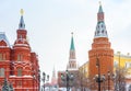 Moscow city center in winter, Russia. Manezhnaya Square overlooking Red Square, famous landmark of Moscow Royalty Free Stock Photo